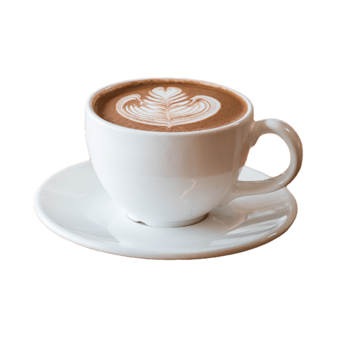 White coffee cup and saucer with milk art on a coffee